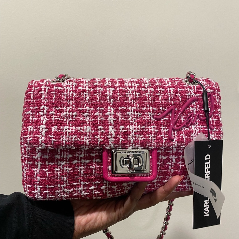 NWT Karl Lagerfeld Pink Tweed Flap Bag